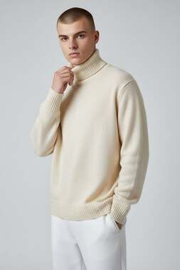 Men's 100% Italian Wool Knitted Turtleneck Sweater in Beige